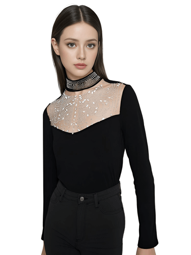 Women's Sexy Black Rhinestone Long Sleeve Top -, Shirts , Drestiny , Australia, Black, Canada, Dress Shirts, L, Long Sleeves, M, New Zealand, S, United Kingdom, United States, XL , Drestiny , www.shopdrestiny.com